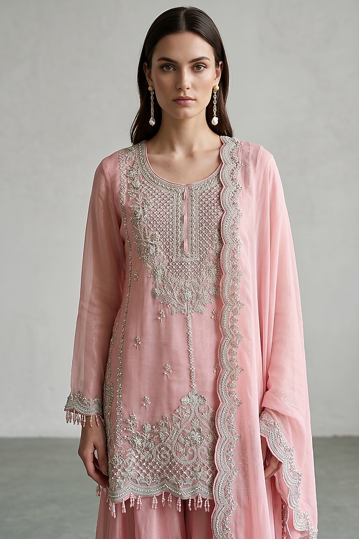 Pink Tissue Sequins Embroidered Kurta Set by Basanti - Kapde aur Koffee at Pernia's Pop Up Shop