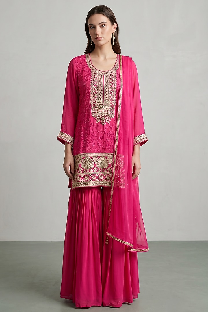 Pink Georgette Sequins Embroidered Party Wear Sharara Set by Basanti - Kapde aur Koffee at Pernia's Pop Up Shop