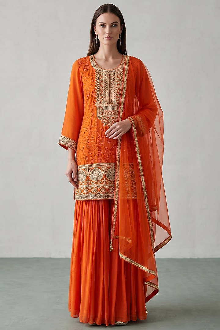 Tangerine Georgette Sequins Embroidered Party Wear Sharara Set by Basanti - Kapde aur Koffee at Pernia's Pop Up Shop