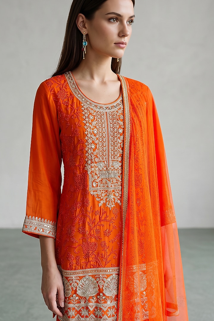 Tangerine Georgette Sequins Embroidered Party Wear Sharara Set by Basanti - Kapde aur Koffee at Pernia's Pop Up Shop