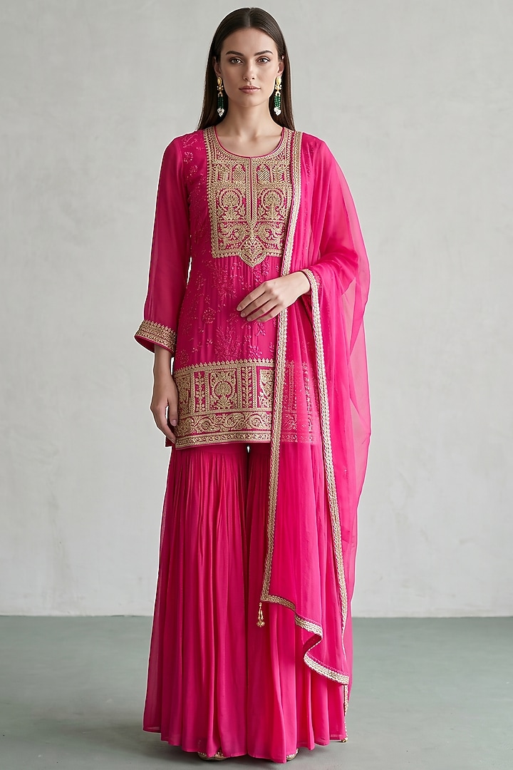 Pink Georgette Sequins Embroidered Party Wear Sharara Set by Basanti - Kapde aur Koffee at Pernia's Pop Up Shop