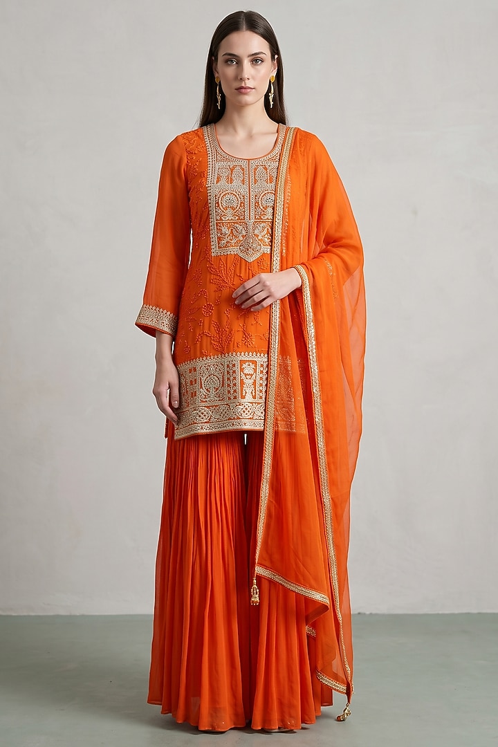 Amber Orange Georgette Sequins Embroidered Party Wear Sharara Set by Basanti - Kapde aur Koffee at Pernia's Pop Up Shop