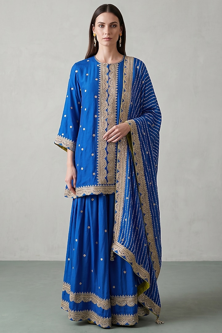Cobalt Blue Georgette Sequins Embroidered Party Wear Sharara Set by Basanti - Kapde aur Koffee at Pernia's Pop Up Shop