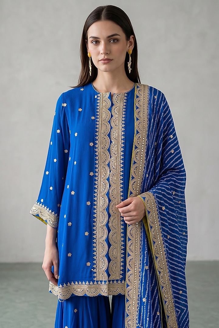 Cobalt Blue Georgette Sequins Embroidered Party Wear Sharara Set by Basanti - Kapde aur Koffee at Pernia's Pop Up Shop