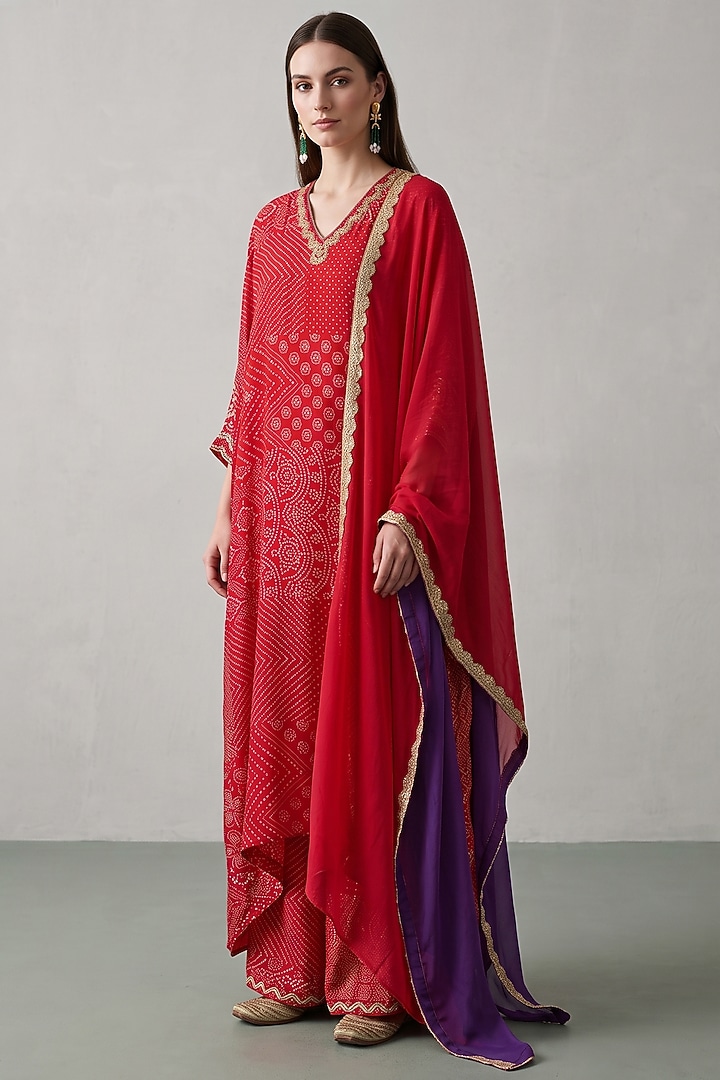 Red Muslin Bandhej Kaftan Set by Basanti - Kapde aur Koffee at Pernia's Pop Up Shop