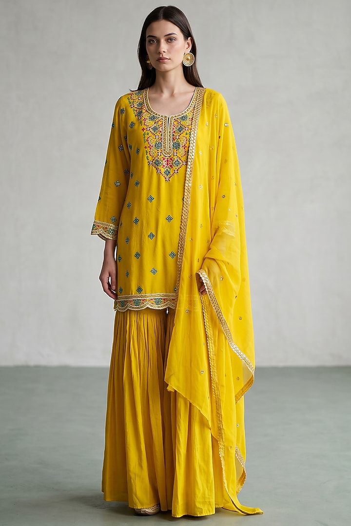 Yellow Chanderi Sequins Embroidered Sharara Set by Basanti - Kapde aur Koffee at Pernia's Pop Up Shop
