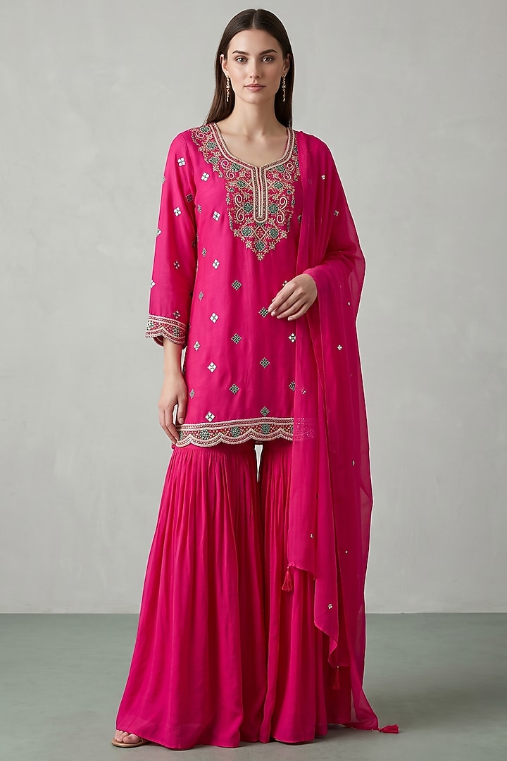 Rani Pink Chanderi Sequins Embroidered Sharara Set by Basanti - Kapde aur Koffee at Pernia's Pop Up Shop