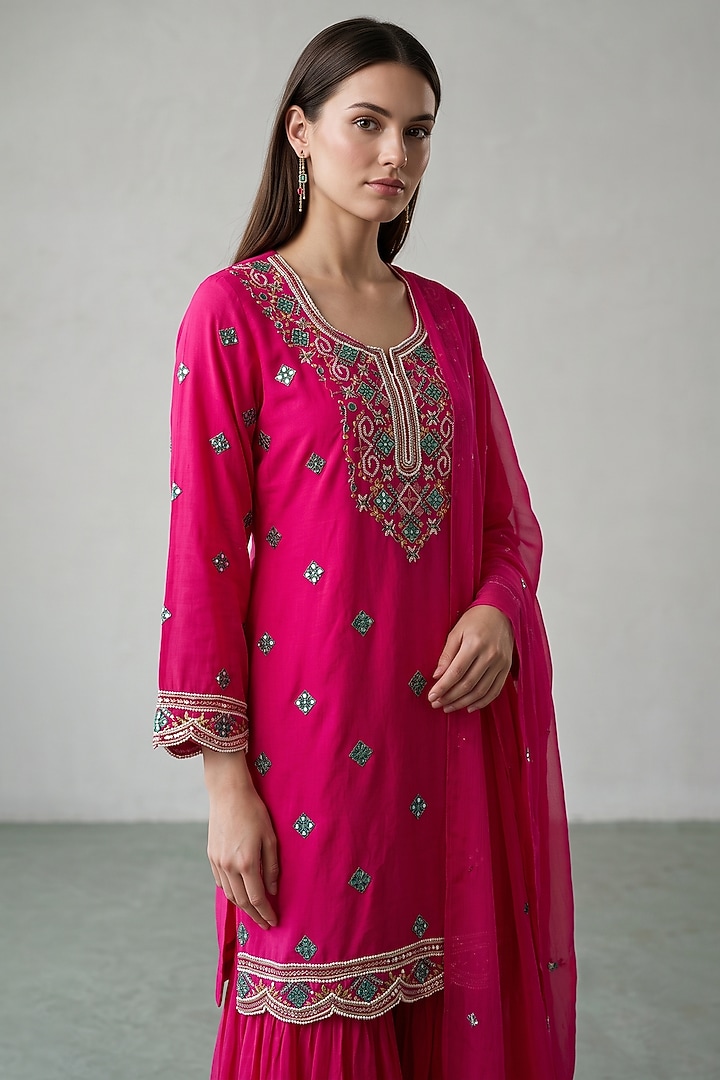 Rani Pink Chanderi Sequins Embroidered Sharara Set by Basanti - Kapde aur Koffee at Pernia's Pop Up Shop