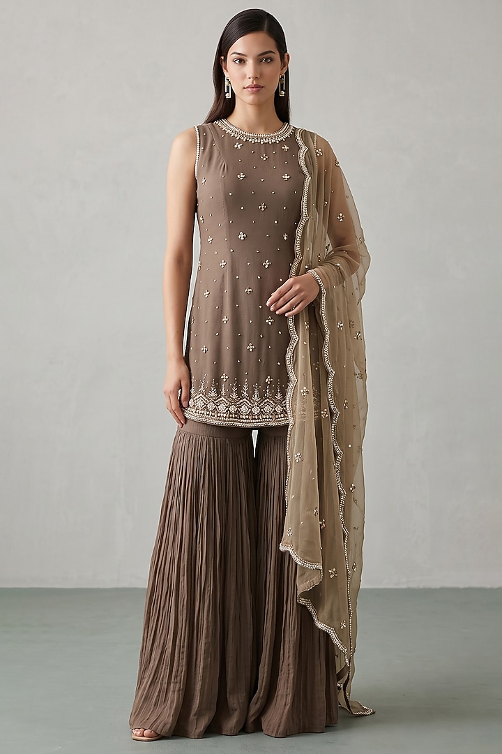 Brown Georgette Party Wear Sharara Set by Basanti - Kapde aur Koffee at Pernia's Pop Up Shop