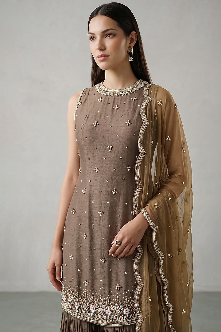 Brown Georgette Party Wear Sharara Set by Basanti - Kapde aur Koffee at Pernia's Pop Up Shop
