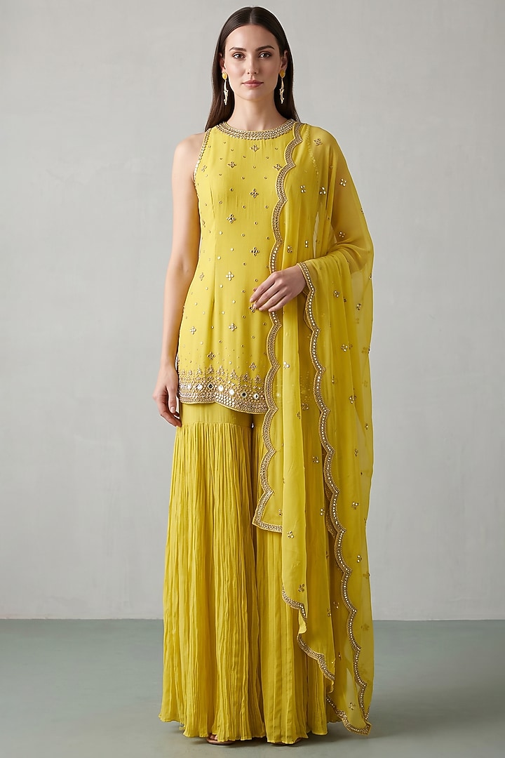 Yellow Georgette Party Wear Sharara Set by Basanti - Kapde aur Koffee at Pernia's Pop Up Shop