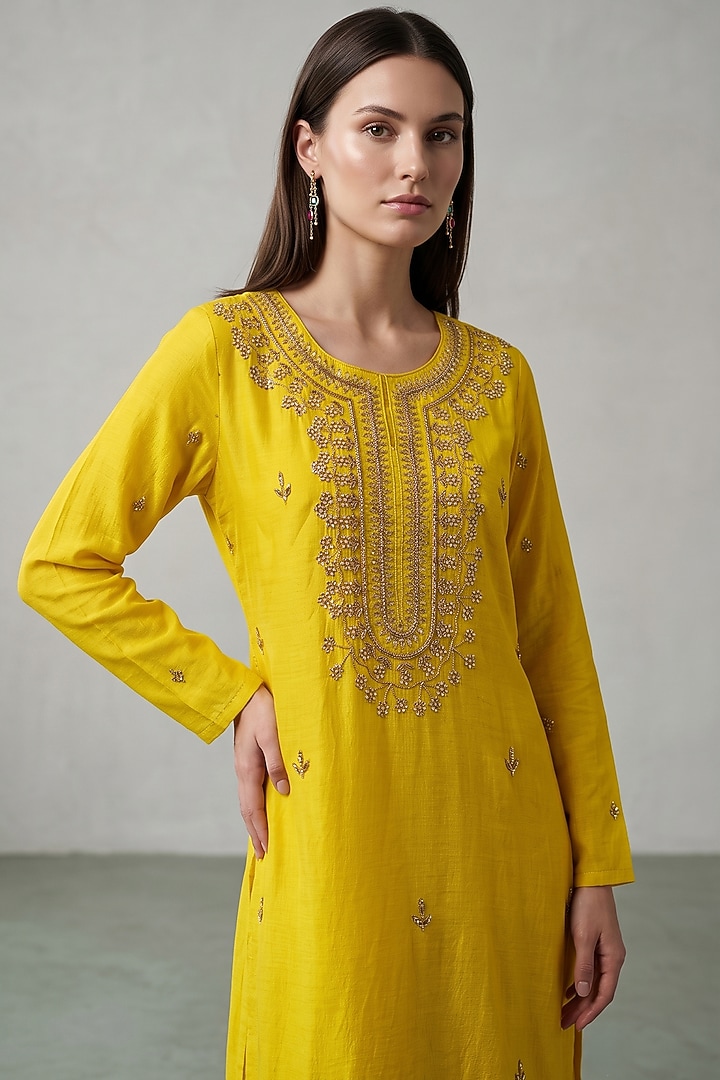 Mustard Chanderi Sequins Embroidered Kurta Set by Basanti - Kapde aur Koffee at Pernia's Pop Up Shop
