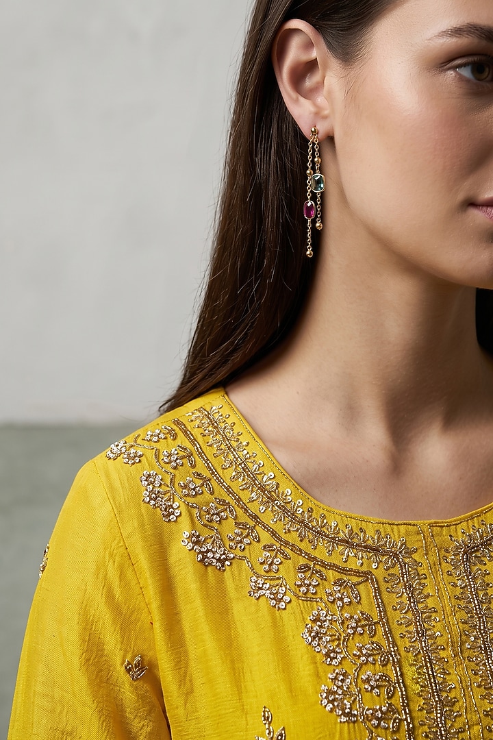 Mustard Chanderi Sequins Embroidered Kurta Set by Basanti - Kapde aur Koffee at Pernia's Pop Up Shop