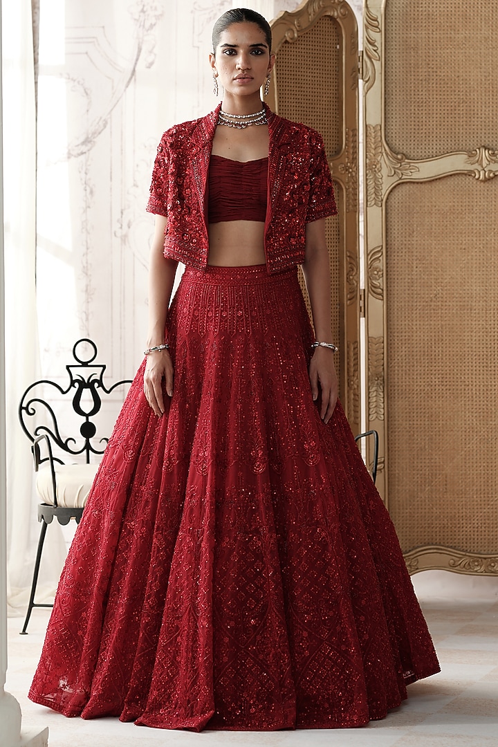 Crimson Red Net Sequin Embroidered Jacket Wedding Lehenga Set by Basanti - Kapde aur Koffee at Pernia's Pop Up Shop