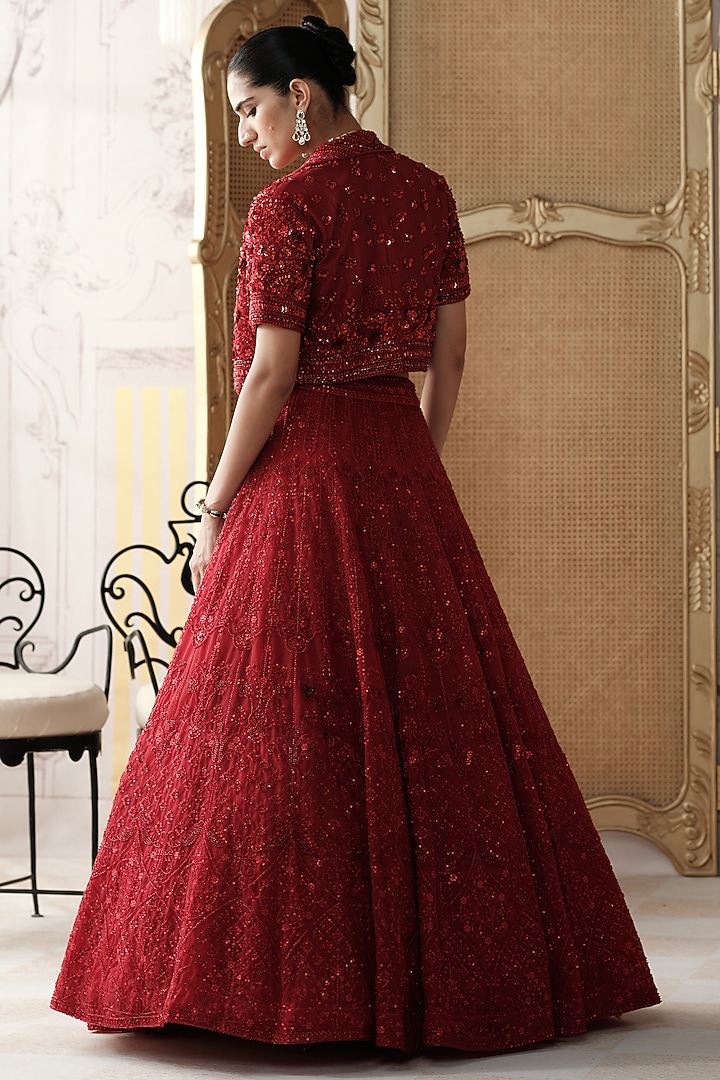 Crimson Red Net Sequin Embroidered Jacket Wedding Lehenga Set by Basanti - Kapde aur Koffee at Pernia's Pop Up Shop