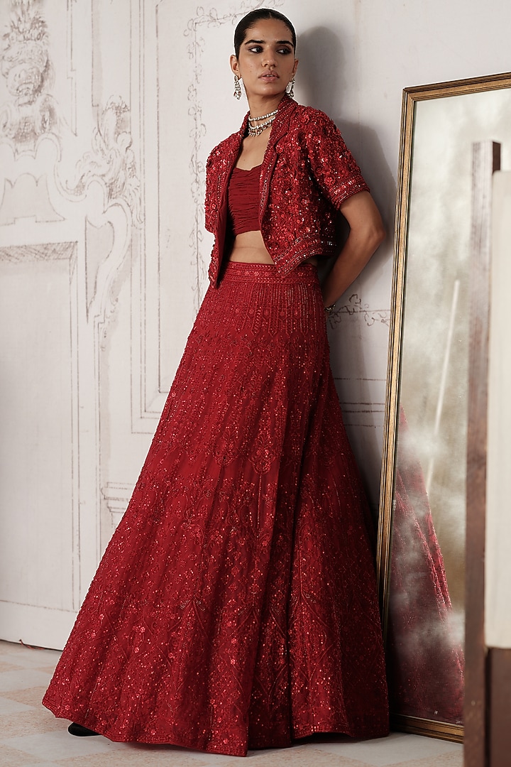 Crimson Red Net Sequin Embroidered Jacket Wedding Lehenga Set by Basanti - Kapde aur Koffee at Pernia's Pop Up Shop