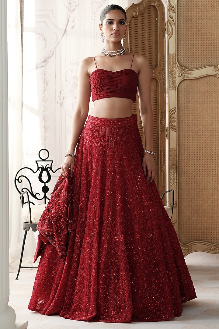 Crimson Red Net Sequin Embroidered Jacket Wedding Lehenga Set by Basanti - Kapde aur Koffee at Pernia's Pop Up Shop