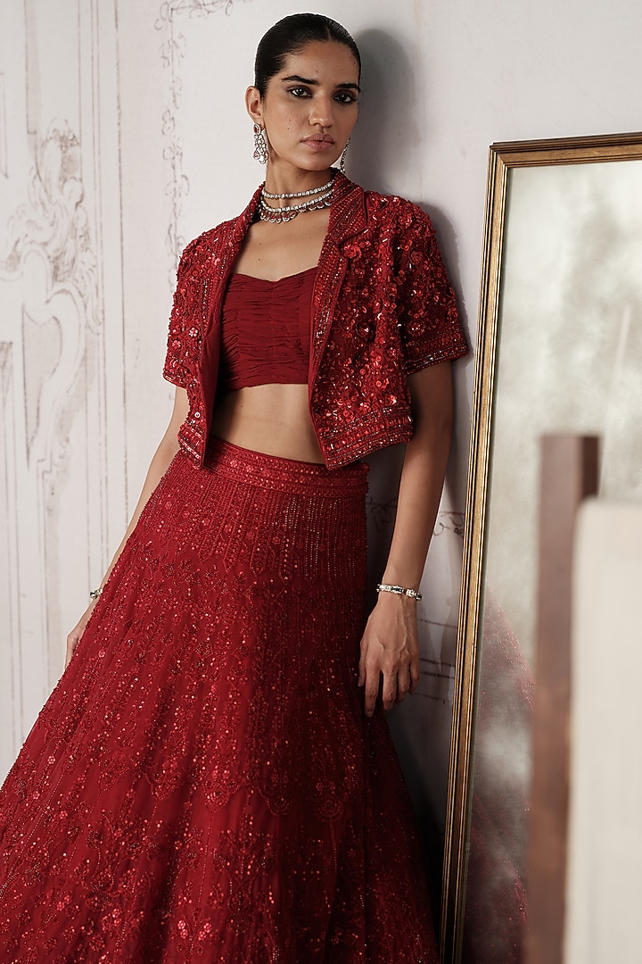 Crimson Red Net Sequin Embroidered Jacket Wedding Lehenga Set by Basanti - Kapde aur Koffee at Pernia's Pop Up Shop