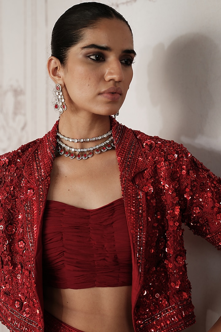 Crimson Red Net Sequin Embroidered Jacket Wedding Lehenga Set by Basanti - Kapde aur Koffee at Pernia's Pop Up Shop