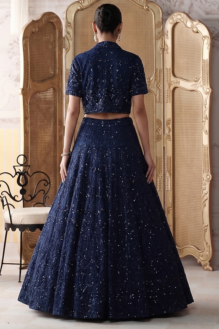 Midnight Blue Net Sequin Embroidered Jacket Wedding Lehenga Set by Basanti - Kapde aur Koffee at Pernia's Pop Up Shop