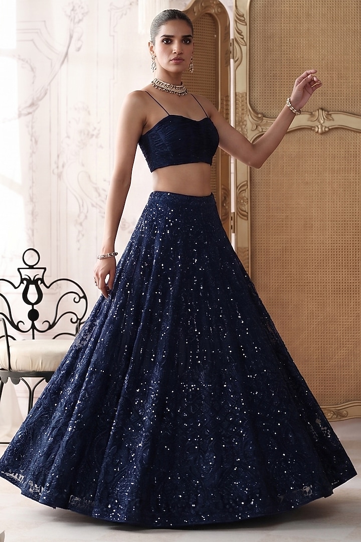 Midnight Blue Net Sequin Embroidered Jacket Wedding Lehenga Set by Basanti - Kapde aur Koffee at Pernia's Pop Up Shop