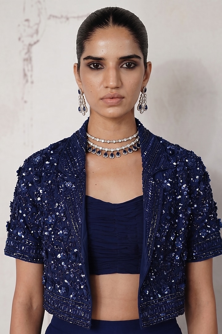 Midnight Blue Net Sequin Embroidered Jacket Wedding Lehenga Set by Basanti - Kapde aur Koffee at Pernia's Pop Up Shop