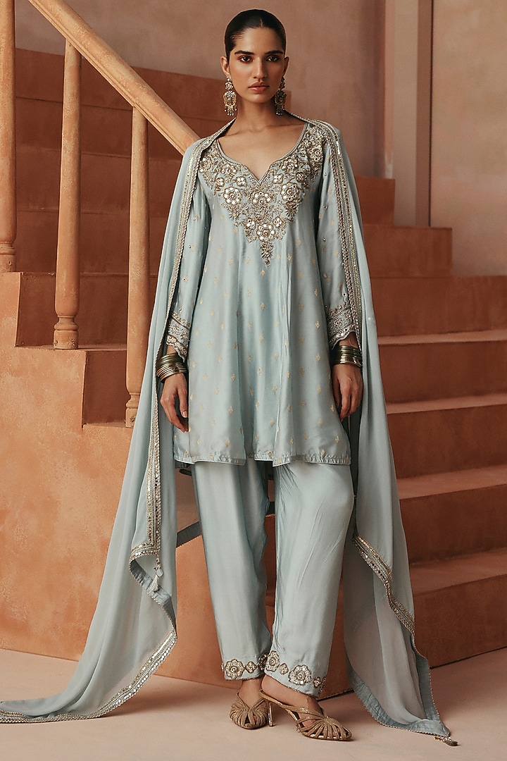 Blue Organza Satin Embroidered Kurta Set by Basanti - Kapde aur Koffee at Pernia's Pop Up Shop