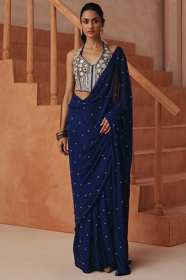 Blue Silk Draped Party Wear Saree Set by Basanti - Kapde aur Koffee at Pernia's Pop Up Shop