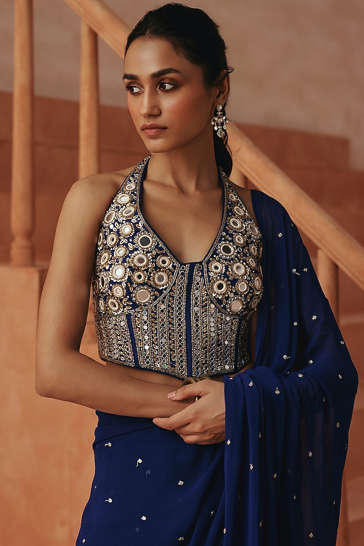 Blue Silk Draped Party Wear Saree Set by Basanti - Kapde aur Koffee at Pernia's Pop Up Shop