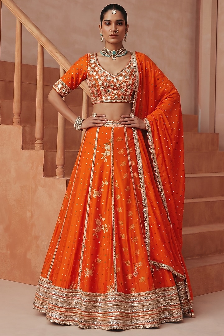 Orange Organza Satin Chanderi Embroidered Wedding Lehenga Set by Basanti - Kapde aur Koffee at Pernia's Pop Up Shop