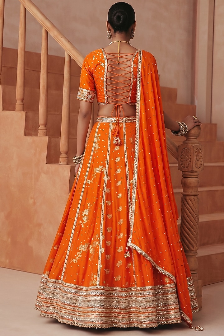 Orange Organza Satin Chanderi Embroidered Wedding Lehenga Set by Basanti - Kapde aur Koffee at Pernia's Pop Up Shop