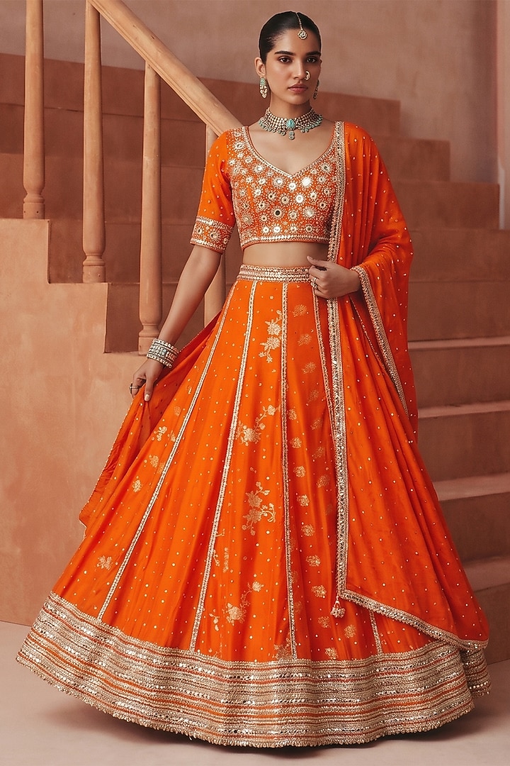 Orange Organza Satin Chanderi Embroidered Wedding Lehenga Set by Basanti - Kapde aur Koffee at Pernia's Pop Up Shop