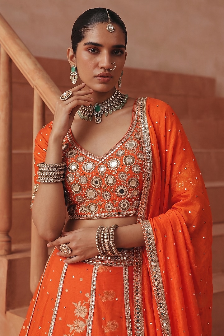 Orange Organza Satin Chanderi Embroidered Wedding Lehenga Set by Basanti - Kapde aur Koffee at Pernia's Pop Up Shop