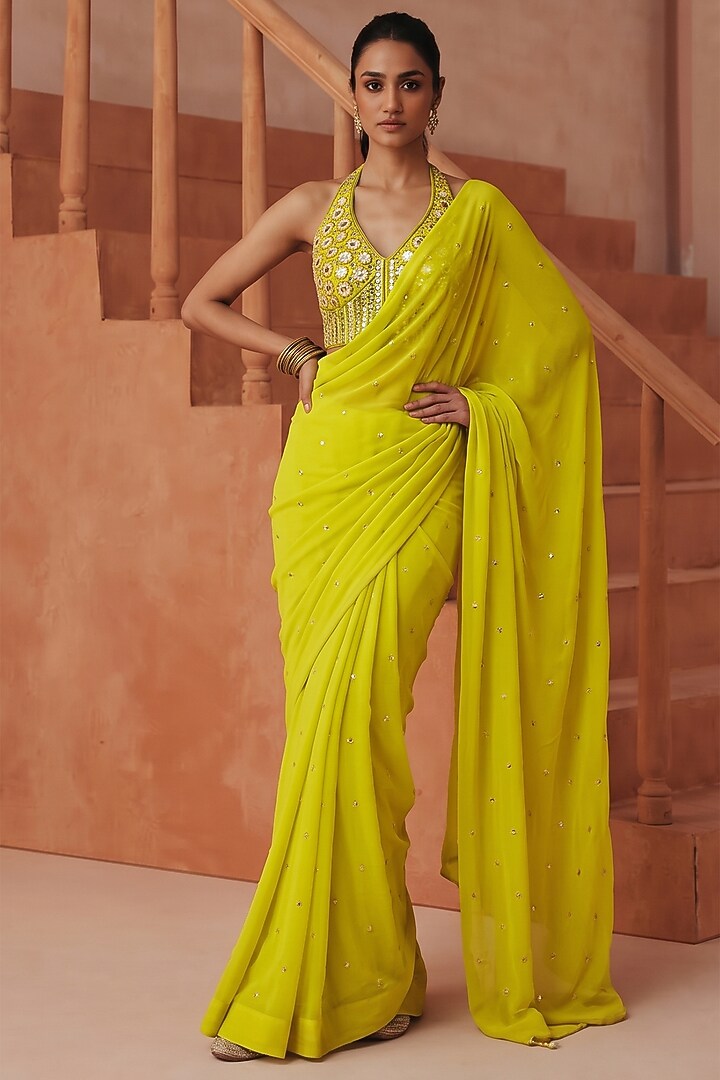 Lime Silk & Georgette Draped Party Wear Saree Set by Basanti - Kapde aur Koffee at Pernia's Pop Up Shop
