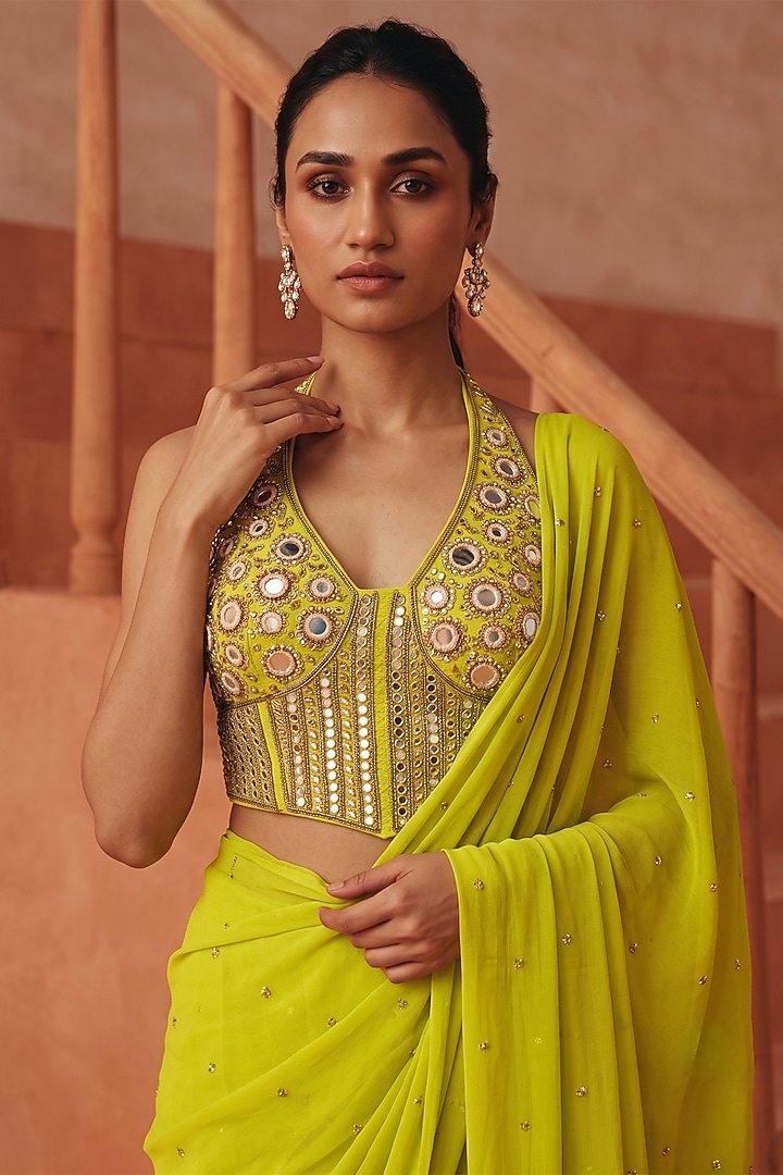 Lime Silk & Georgette Draped Party Wear Saree Set by Basanti - Kapde aur Koffee at Pernia's Pop Up Shop