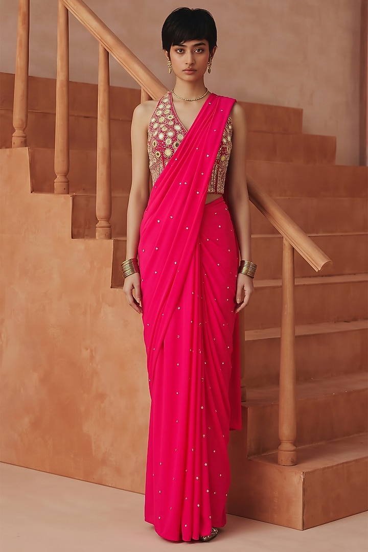 Pink Silk & Georgette Draped Party Wear Saree Set by Basanti - Kapde aur Koffee at Pernia's Pop Up Shop