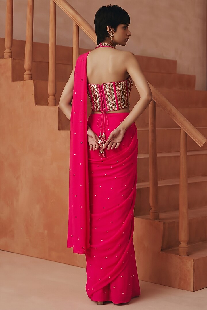 Pink Silk & Georgette Draped Party Wear Saree Set by Basanti - Kapde aur Koffee at Pernia's Pop Up Shop