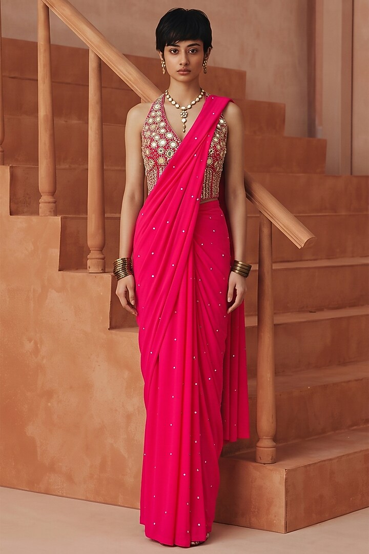 Pink Silk & Georgette Draped Party Wear Saree Set by Basanti - Kapde aur Koffee at Pernia's Pop Up Shop