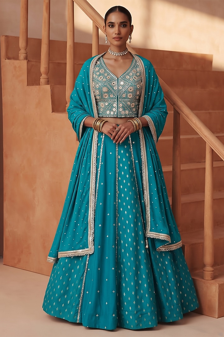 Emerald Green Organza Satin Embroidered Wedding Lehenga Set by Basanti - Kapde aur Koffee at Pernia's Pop Up Shop
