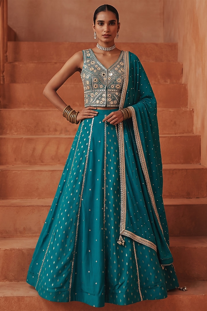Emerald Green Organza Satin Embroidered Wedding Lehenga Set by Basanti - Kapde aur Koffee at Pernia's Pop Up Shop