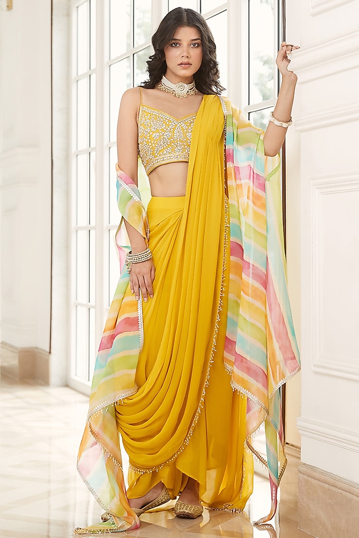 Yellow Georgette Pre-Draped Saree Set by Basanti - Kapde aur Koffee at Pernia's Pop Up Shop