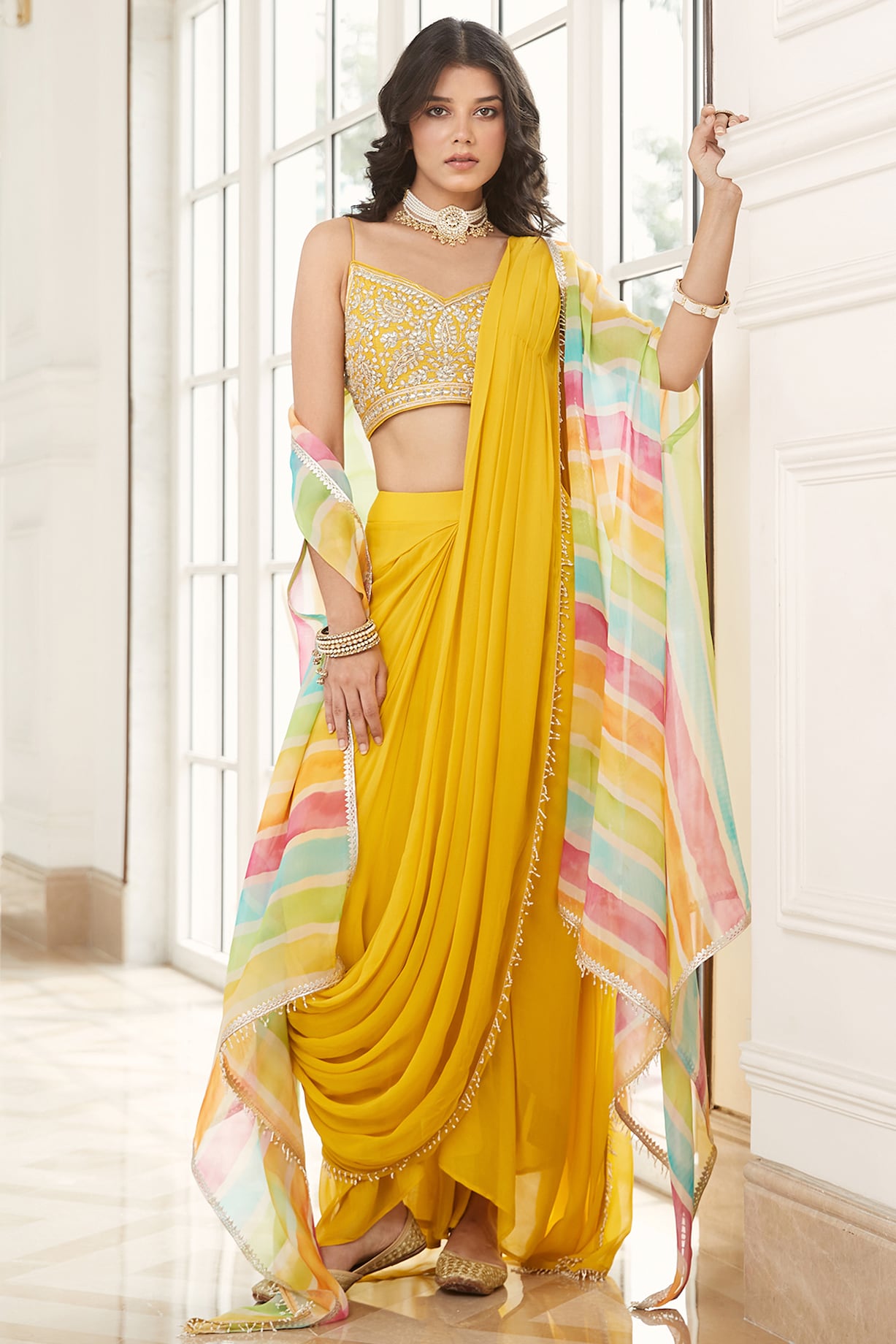 Yellow Georgette Pre-Draped Saree Set by Basanti Kapde aur