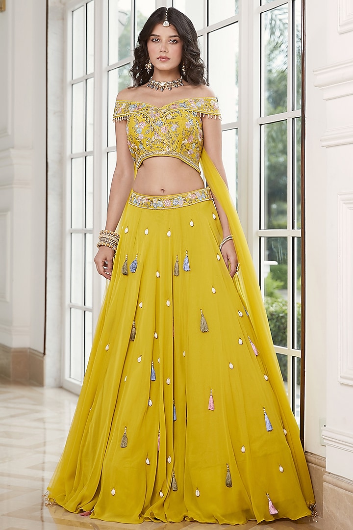 Lime Yellow Viscose Organza Shell Embroidered Lehenga Set by Basanti - Kapde aur Koffee at Pernia's Pop Up Shop