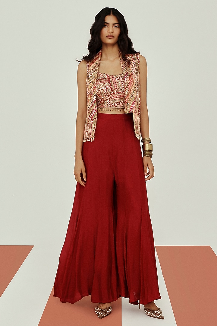 Red Crepe Sequins Embroidered Jacket Set by Basanti - Kapde aur Koffee at Pernia's Pop Up Shop