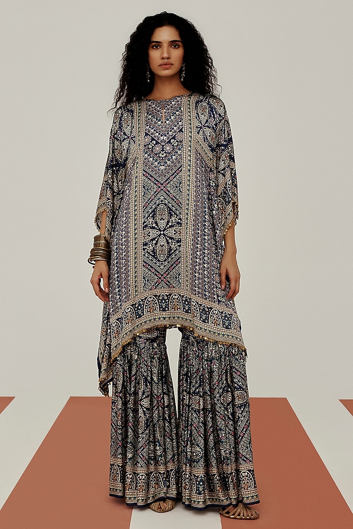 Blue Crepe Mirror Embroidered Kaftan Set by Basanti - Kapde aur Koffee at Pernia's Pop Up Shop