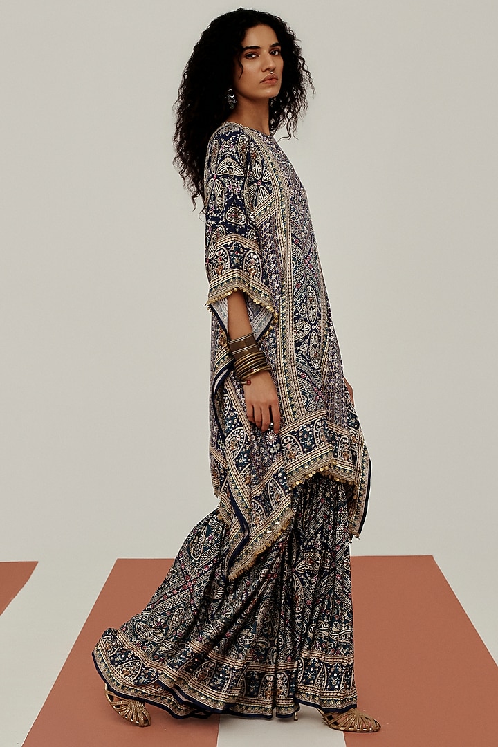 Blue Crepe Mirror Embroidered Kaftan Set by Basanti - Kapde aur Koffee at Pernia's Pop Up Shop
