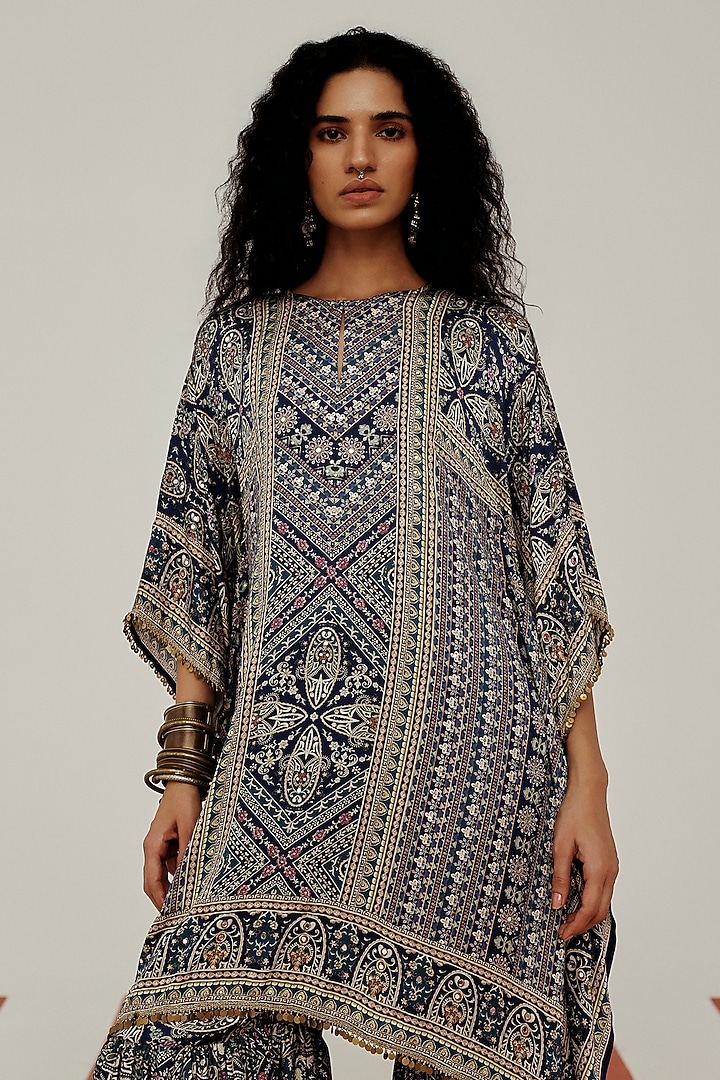 Blue Crepe Mirror Embroidered Kaftan Set by Basanti - Kapde aur Koffee at Pernia's Pop Up Shop