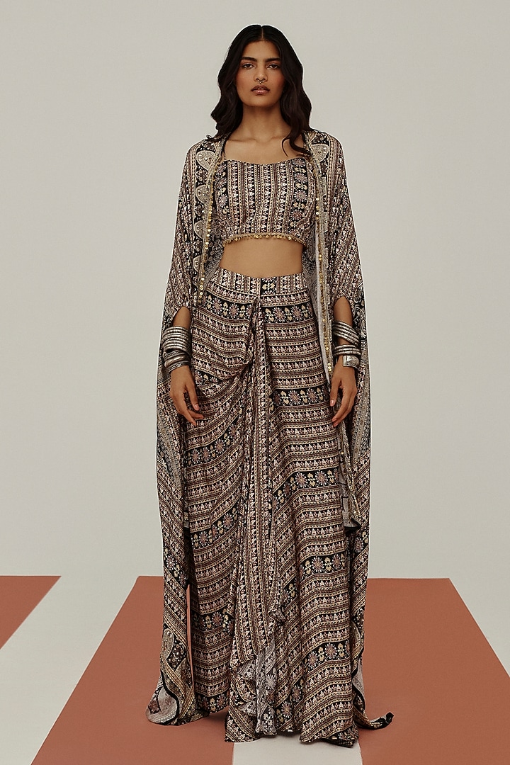 Black Crepe Mirror Embroidered Cape Set by Basanti - Kapde aur Koffee at Pernia's Pop Up Shop