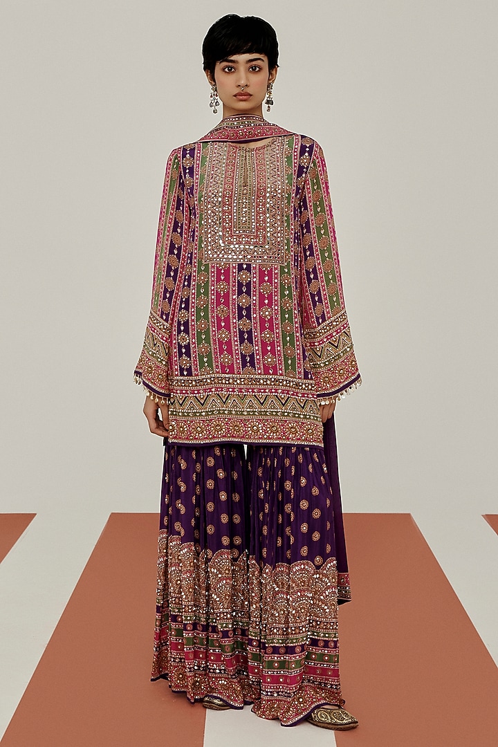 Purple Crepe Mirror Embroidered Party Wear Sharara Set by Basanti - Kapde aur Koffee at Pernia's Pop Up Shop