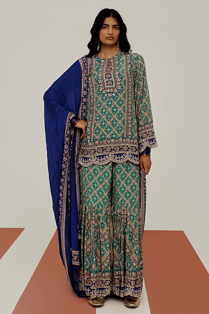 Blue Crepe Mirror Embroidered Party Wear Sharara Set by Basanti - Kapde aur Koffee at Pernia's Pop Up Shop